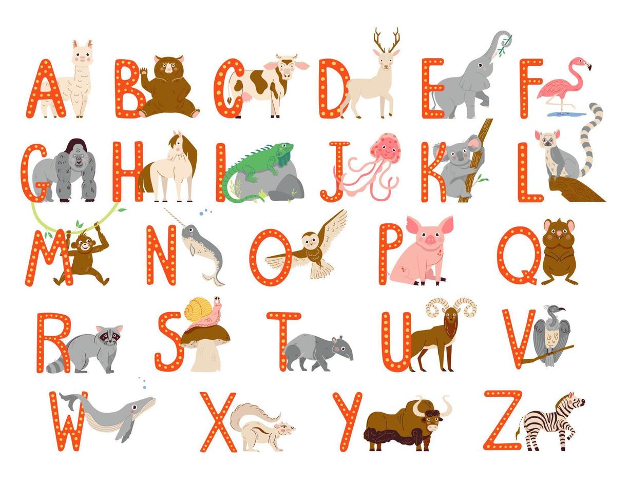 niedliches tieralphabet für die kindererziehung. kindliche Vektorschrift für Kinder ABC-Buch mit handgezeichneten Tierfiguren vektor