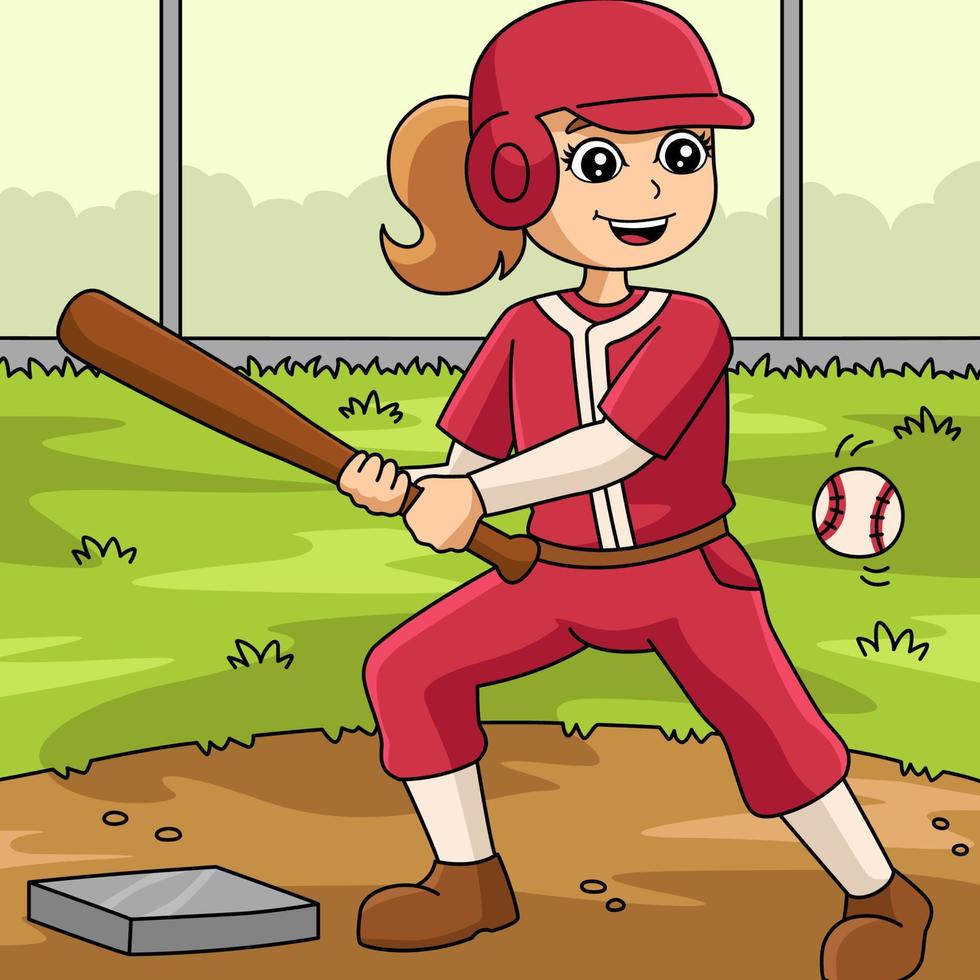 mädchen, das baseball spielt, farbige karikatur vektor