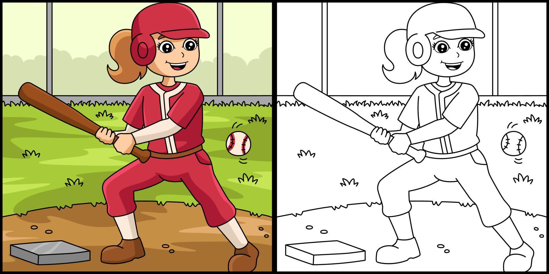 flicka spelar baseball målarbok illustration vektor
