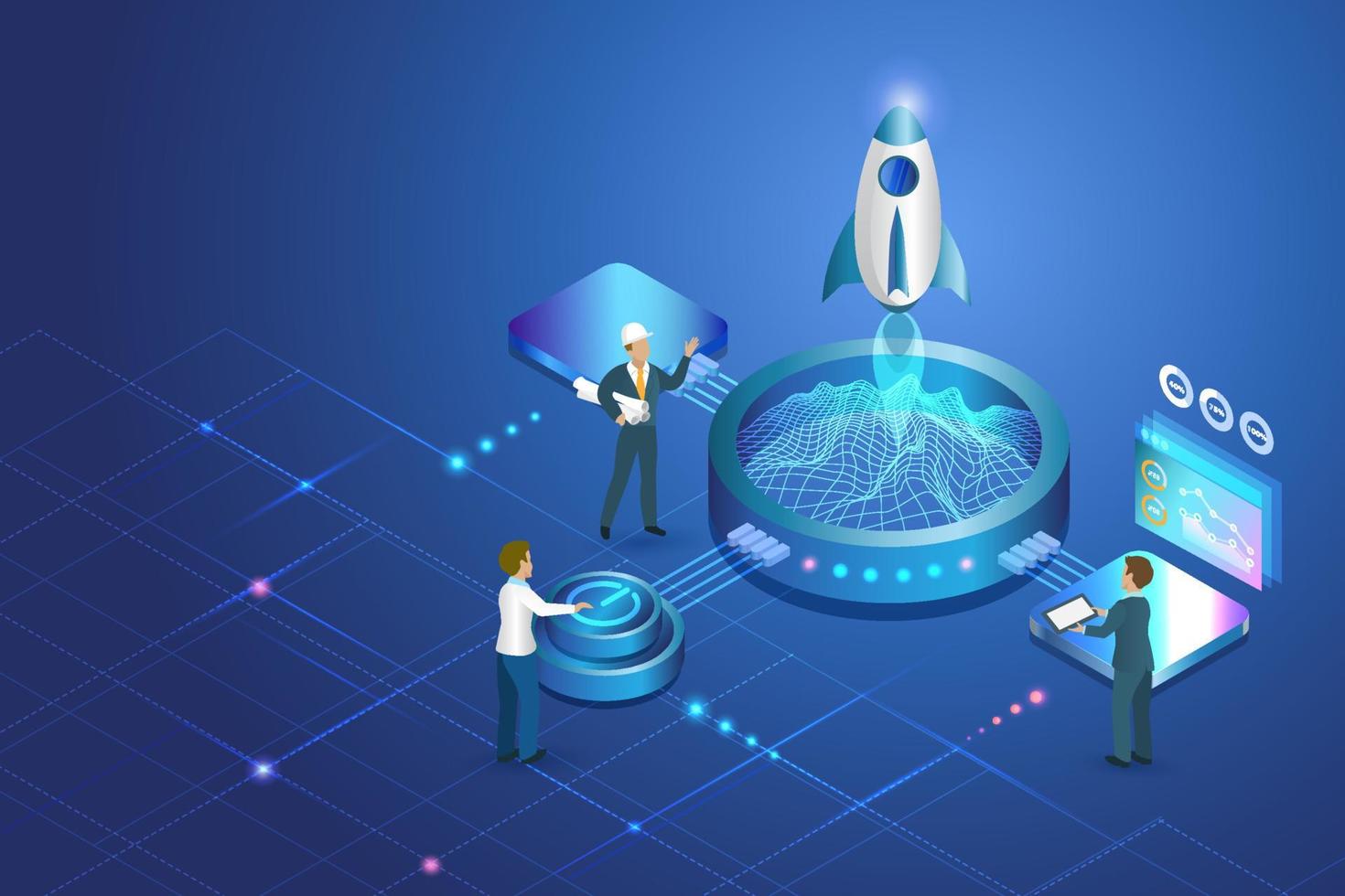 geschäftsmann-taste, der raketen-startgeschäft von der startrampenmaschine mit ingenieurteam startet. neues unternehmensgründungs-, partnerschafts- und erfolgsfinanzmarketing-investitionskonzept. vektor