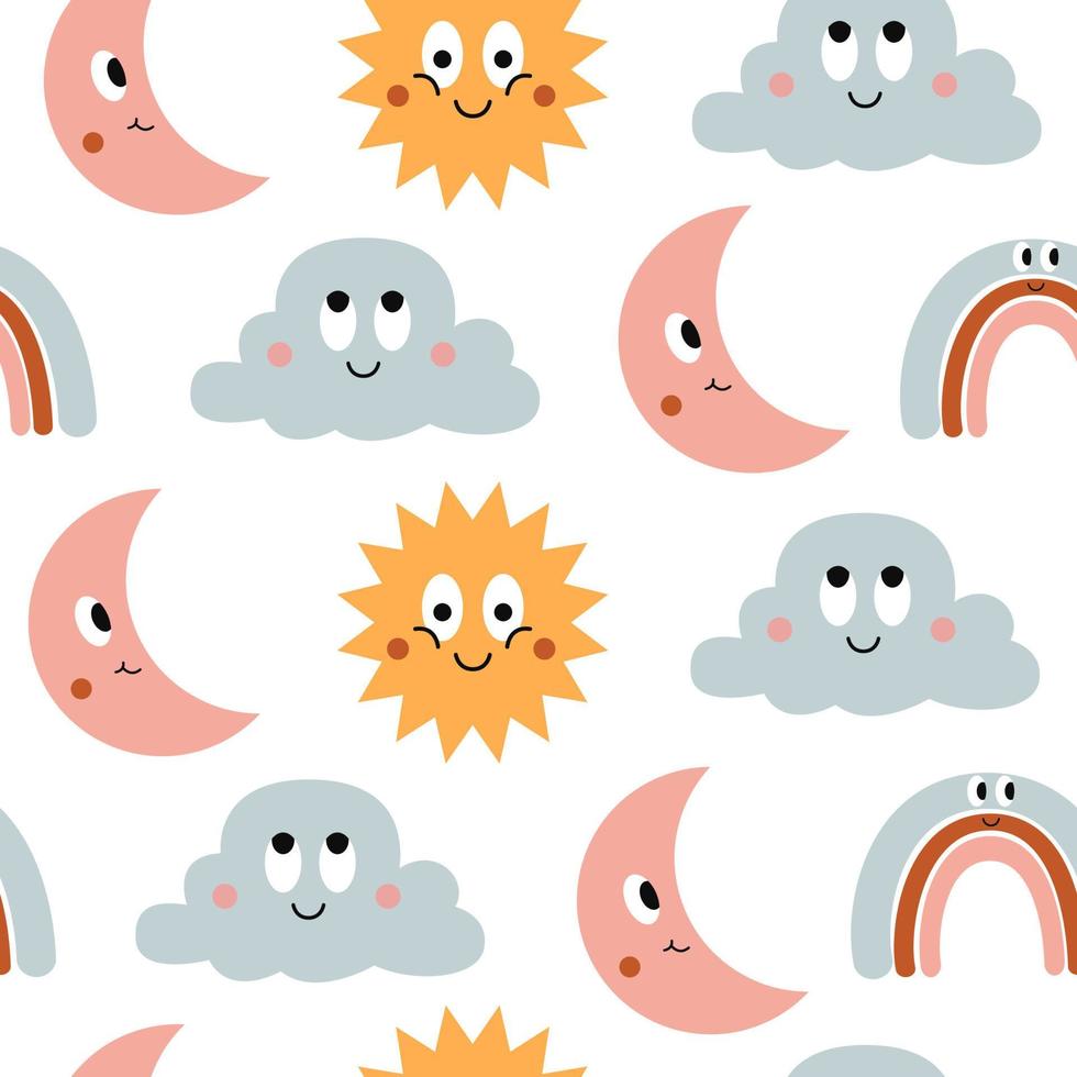 buntes nahtloses Muster von lustigen Karikaturikonen Sonne, Wolke, Mond und Regenbogen lokalisiert auf weißem Hintergrund. niedliche vektorzeichenillustration vektor