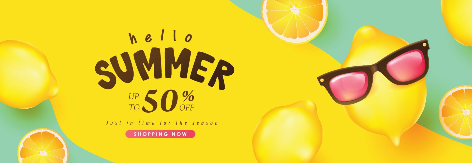 sommar försäljning banner bakgrund med roliga citron dekorera vektor