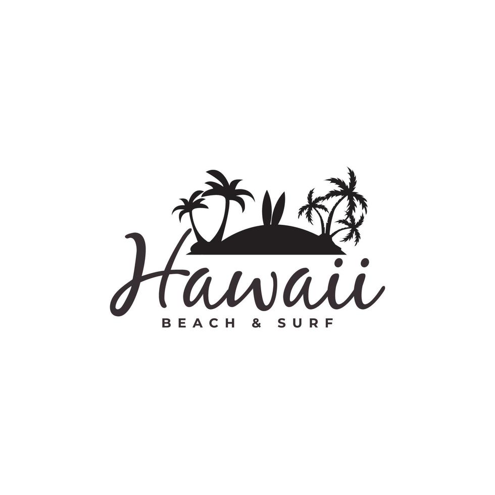hawaii tourismus strand mit kokospalmen und surfbrett logo vektor symbol illustration design