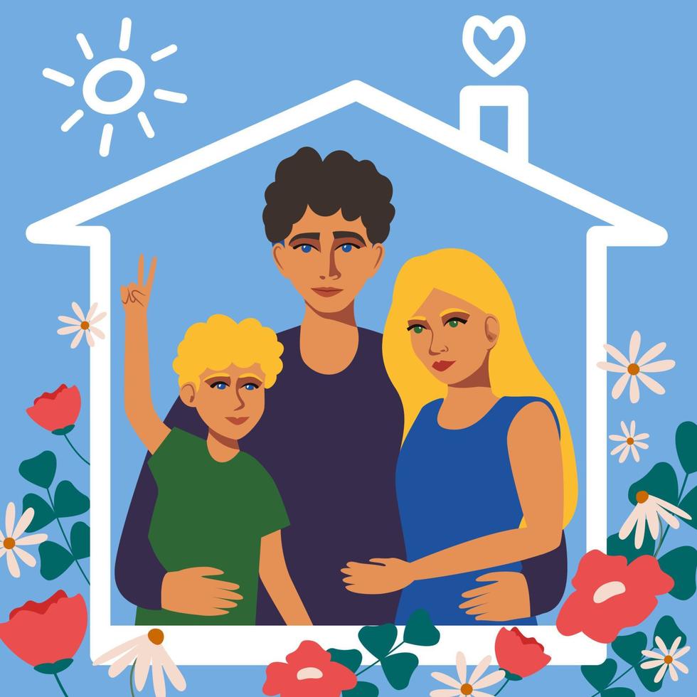familj. familjehem koncept. föräldrar och barn under husets tak. vektor
