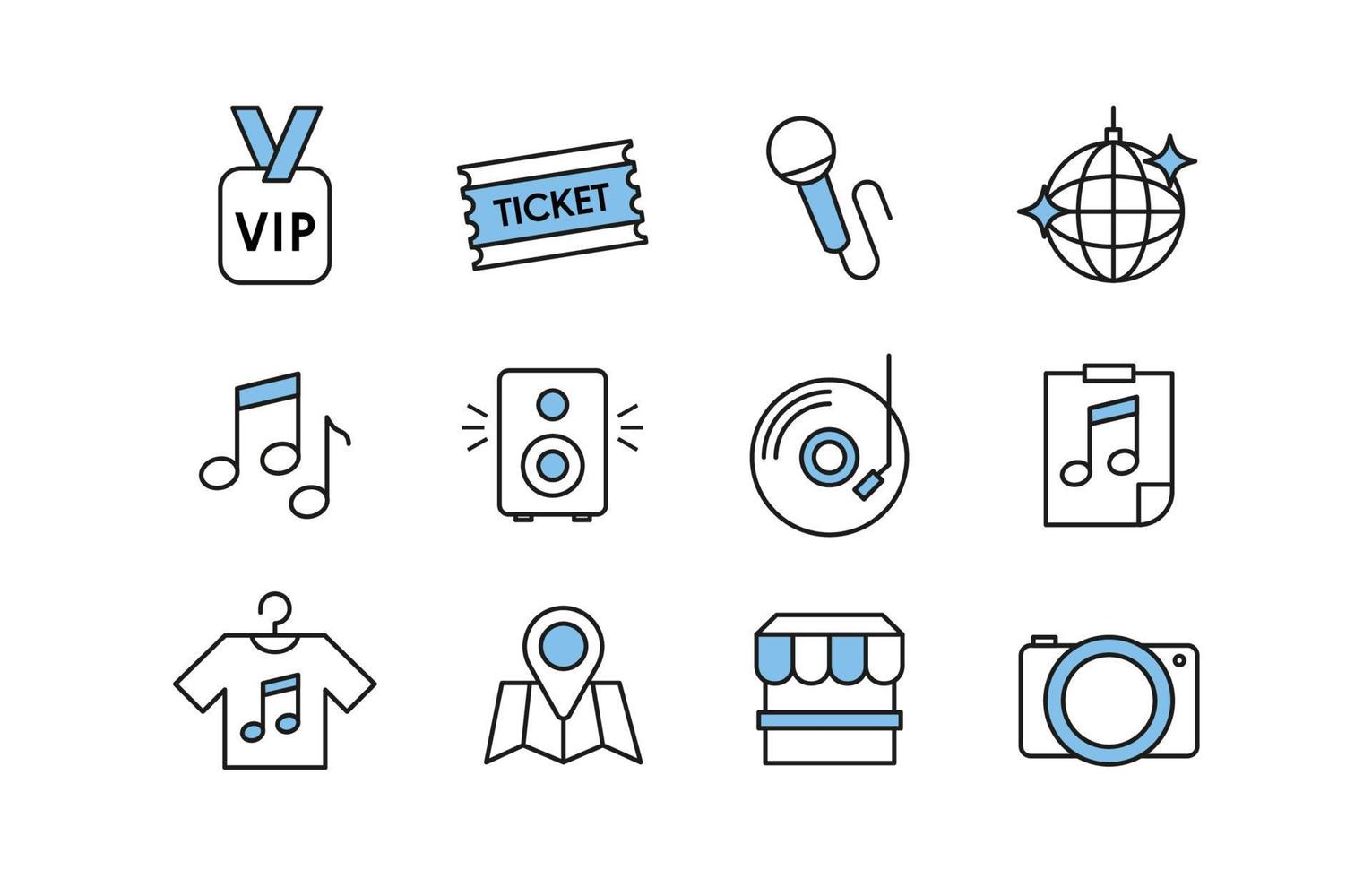uppsättning av musikfestival ikon med platt kontur designstil vektor