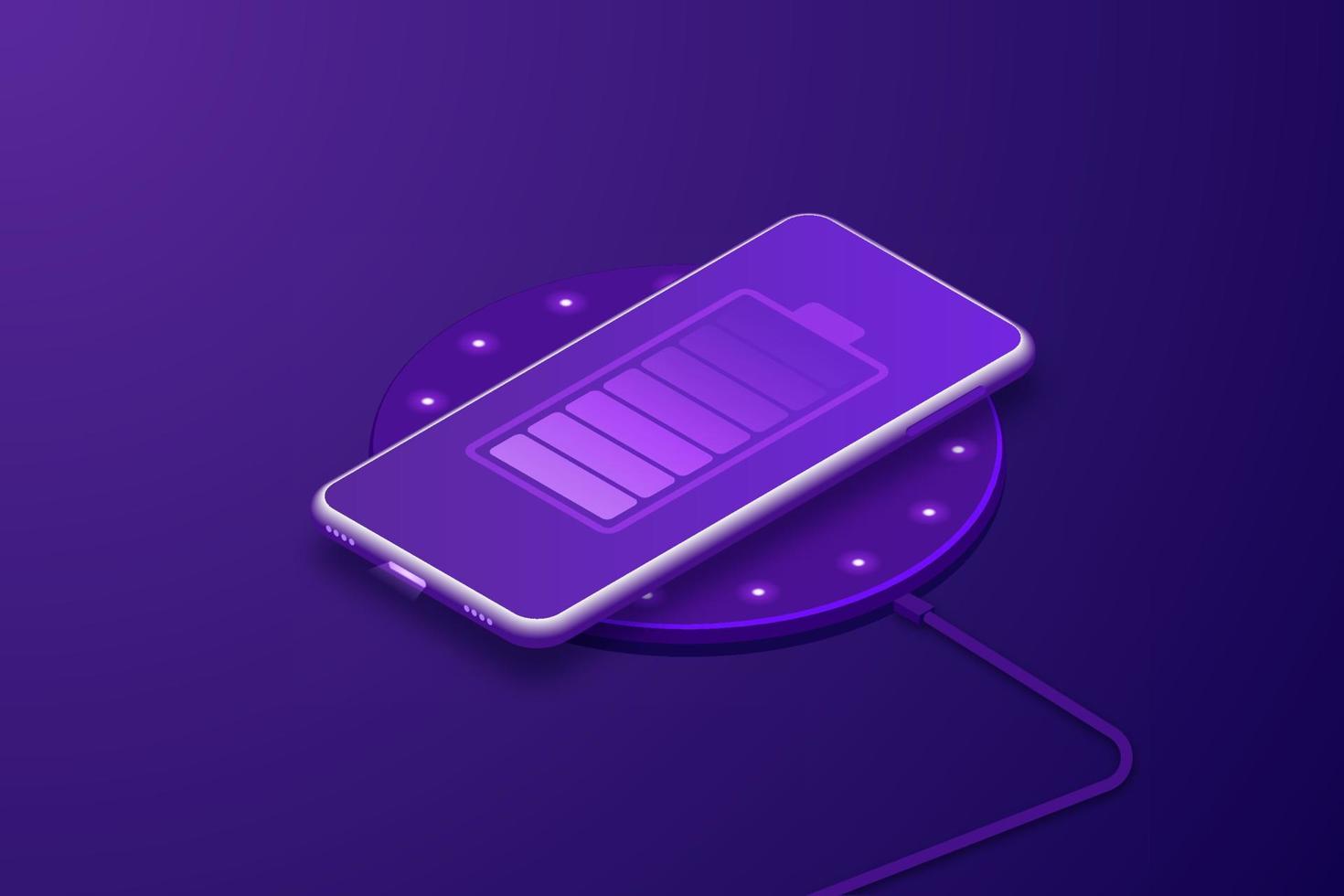 Smartphone auf einem drahtlosen Ladegerät auf violettem Hintergrund. vektor