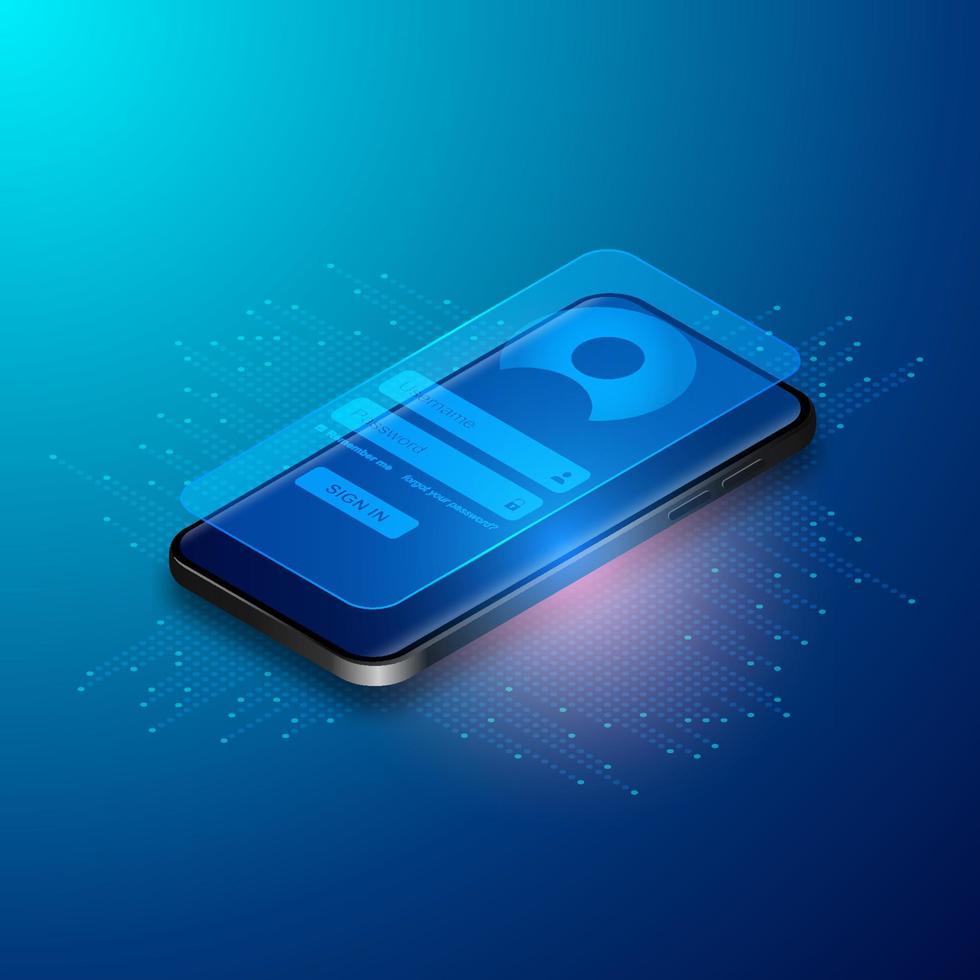 Online-Anmeldeformular. Login-Formular, Login-Seite im Webbrowser-Fenster auf realistischer Handy-Bildschirmprojektion auf Glas geöffnet. vektor