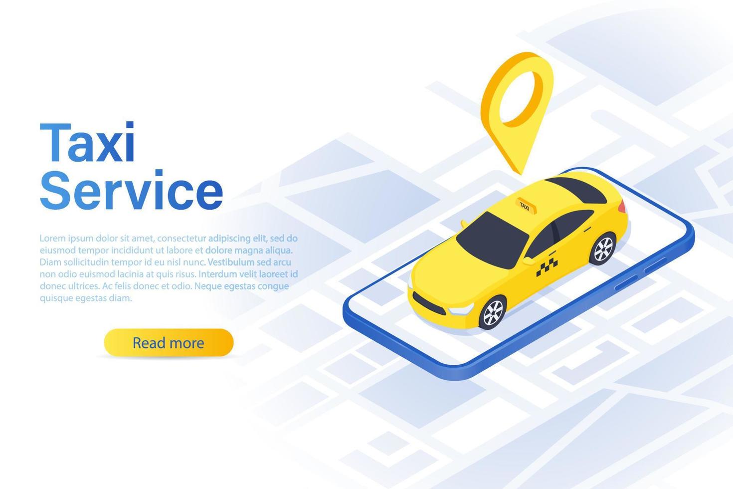 vorlage für die website oder mobile anwendung des taxidienstes. gelbes Auto. Homepage-Konzept. benutzerschnittstellendesign-modellvektorillustration lokalisiert auf weißem hintergrund. vektor