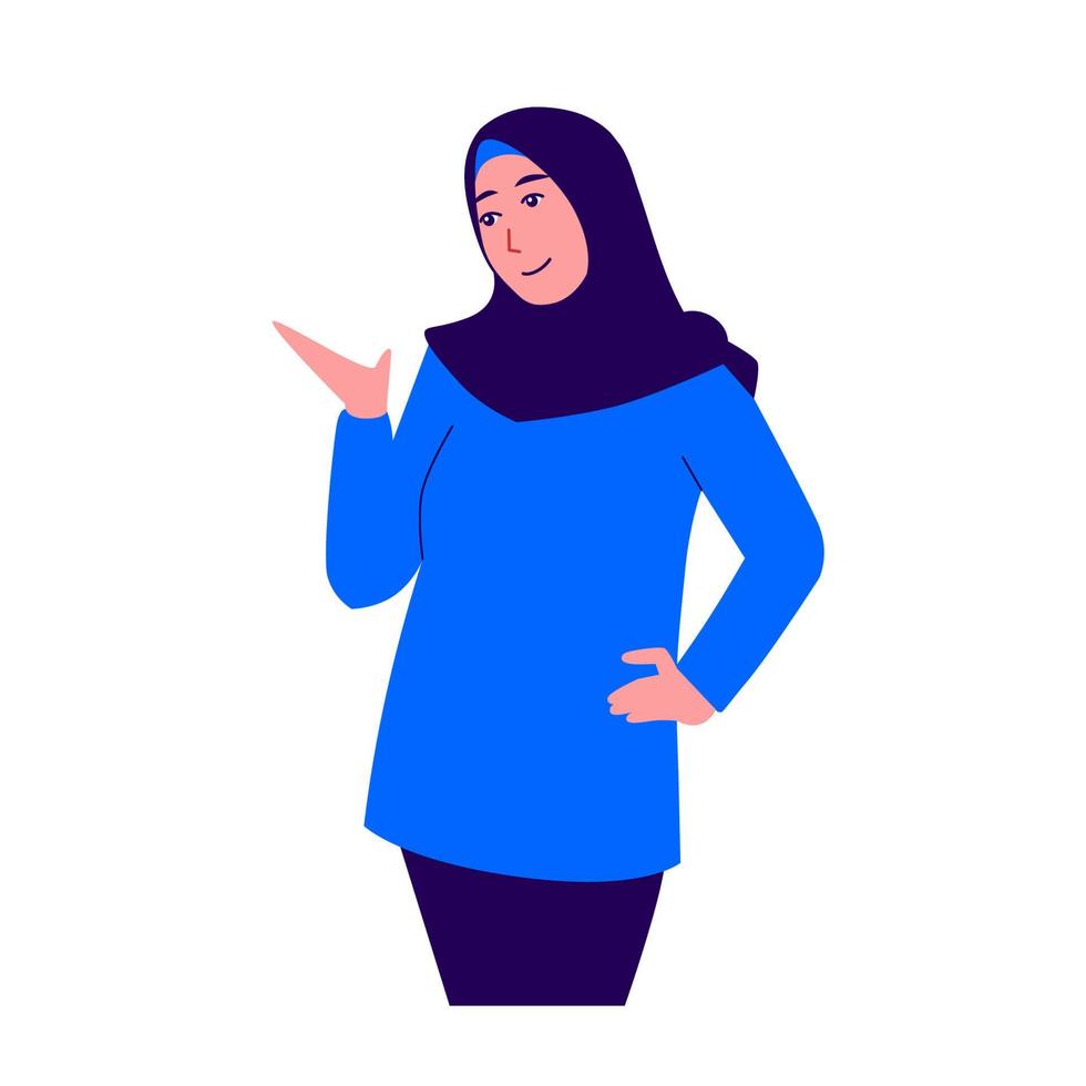 muslimische frauen, die trendige kleidung und hijab tragen. Präsentationspose. flache Cartoon-Vektor-Illustration vektor