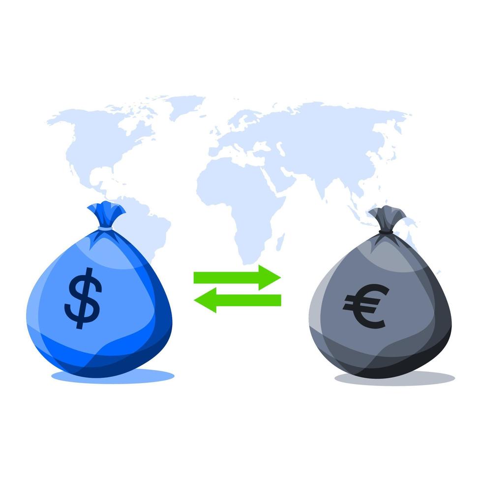 Währungsumtausch, Geldwechsel. Dollar zu Euro und Weltkarte vektor