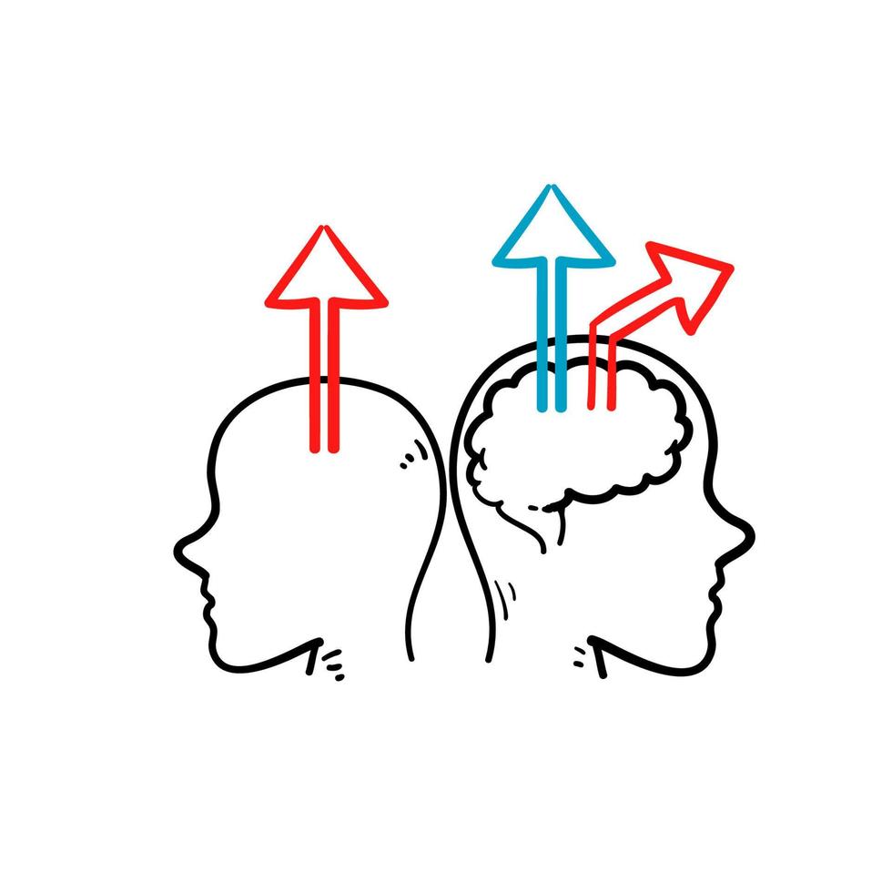 handgezeichneter menschlicher Kopf und Pfeil nach oben Symbol für die Verbesserung der nächsten Stufe, Training und Mentoring, das Streben nach Glück, Selbstwertgefühl und Selbstvertrauen im Doodle-Stil vektor