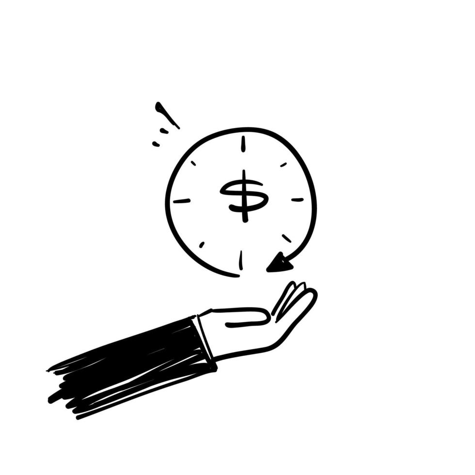 handritad doodle klocka pil och pengar på skalor symbol för tid är pengar illustration isolerade vektor
