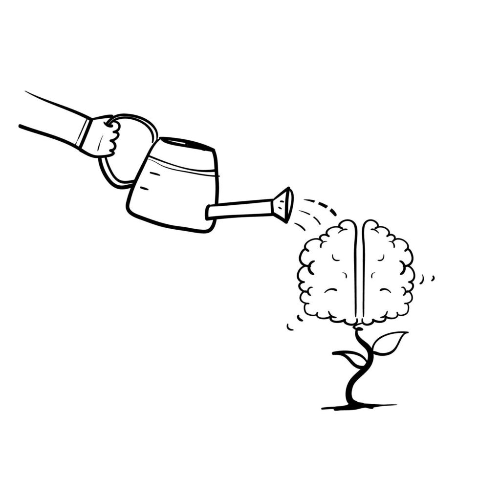 handritad doodle vattning växt på sinne eller hjärna symbol för utveckling eller tillväxt idé illustration vektor isolerade