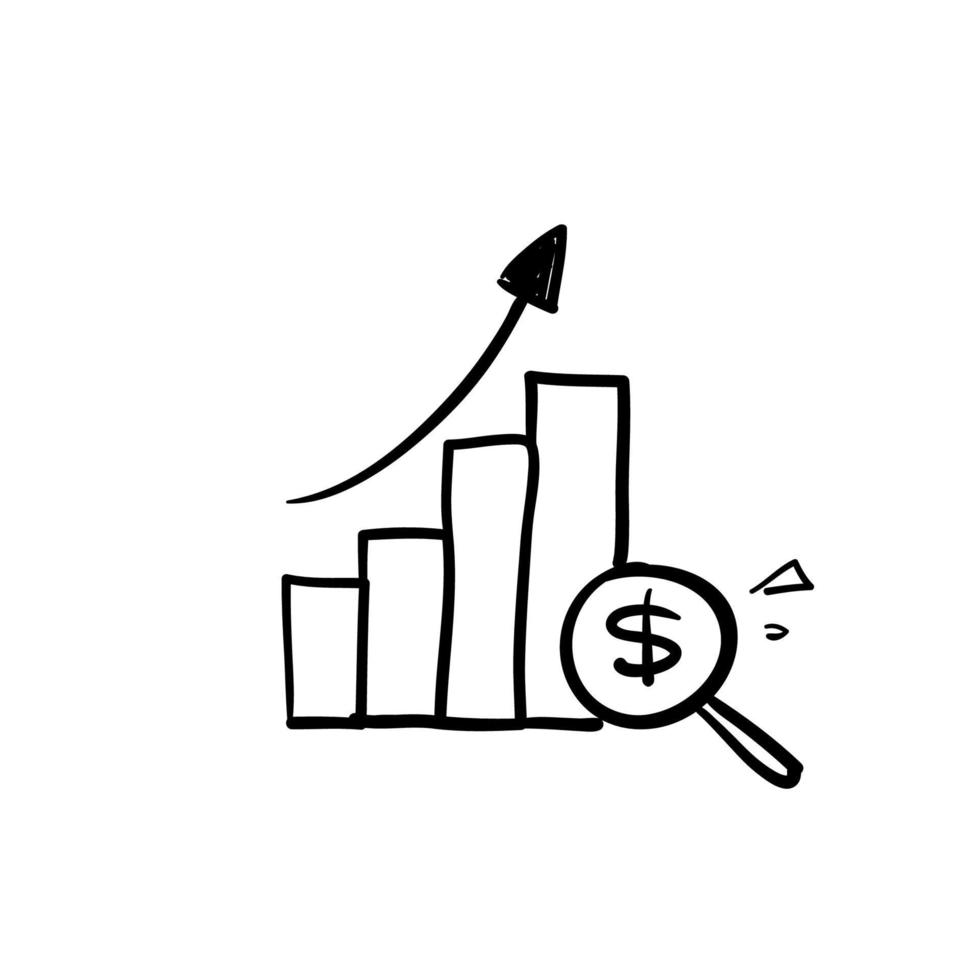 handgezeichnetes diagramm lupengeldsymbol für wirtschaftsanalyseillustrationsgekritzelikone vektor