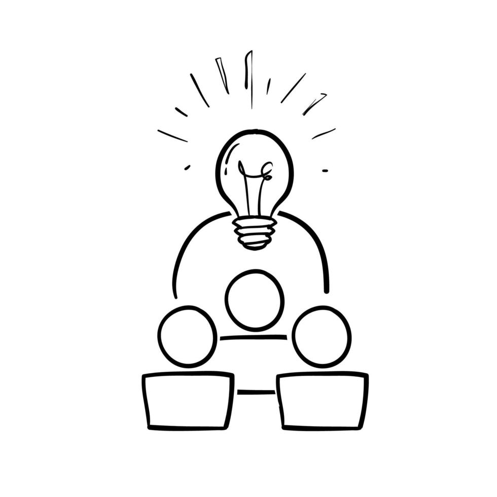 handritad doodle människor och glödlampa symbol för teamsamarbete idé ikon isolerade vektor