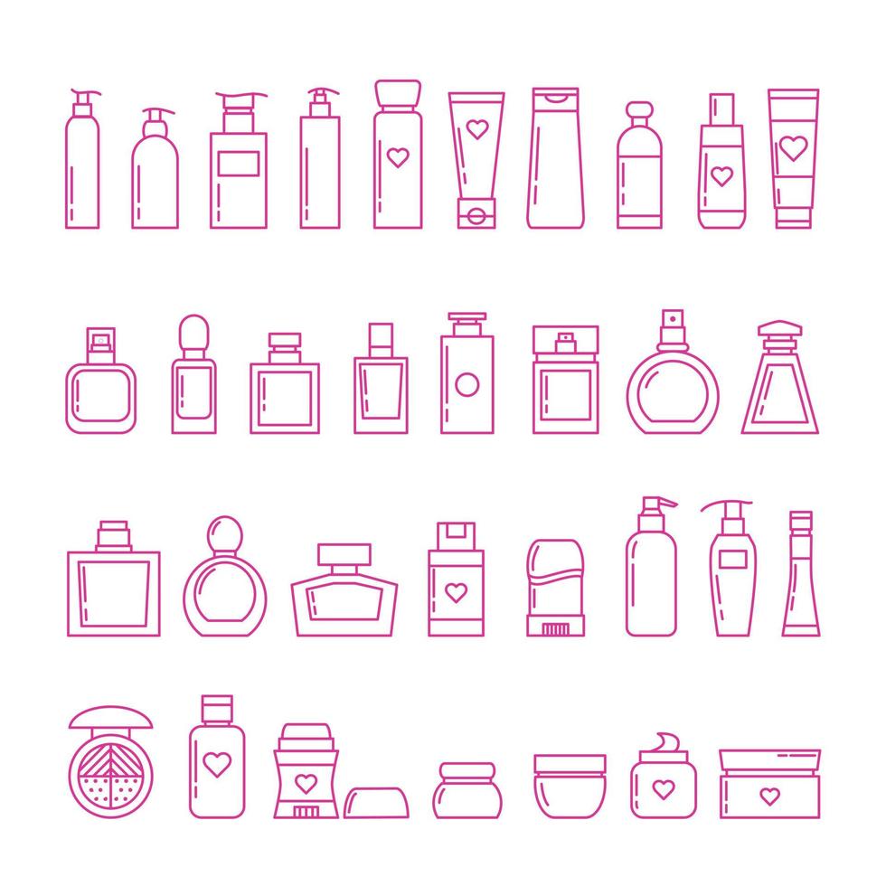 ett urval av olika burkar och flaskor för kosmetika och parfymer. vektor