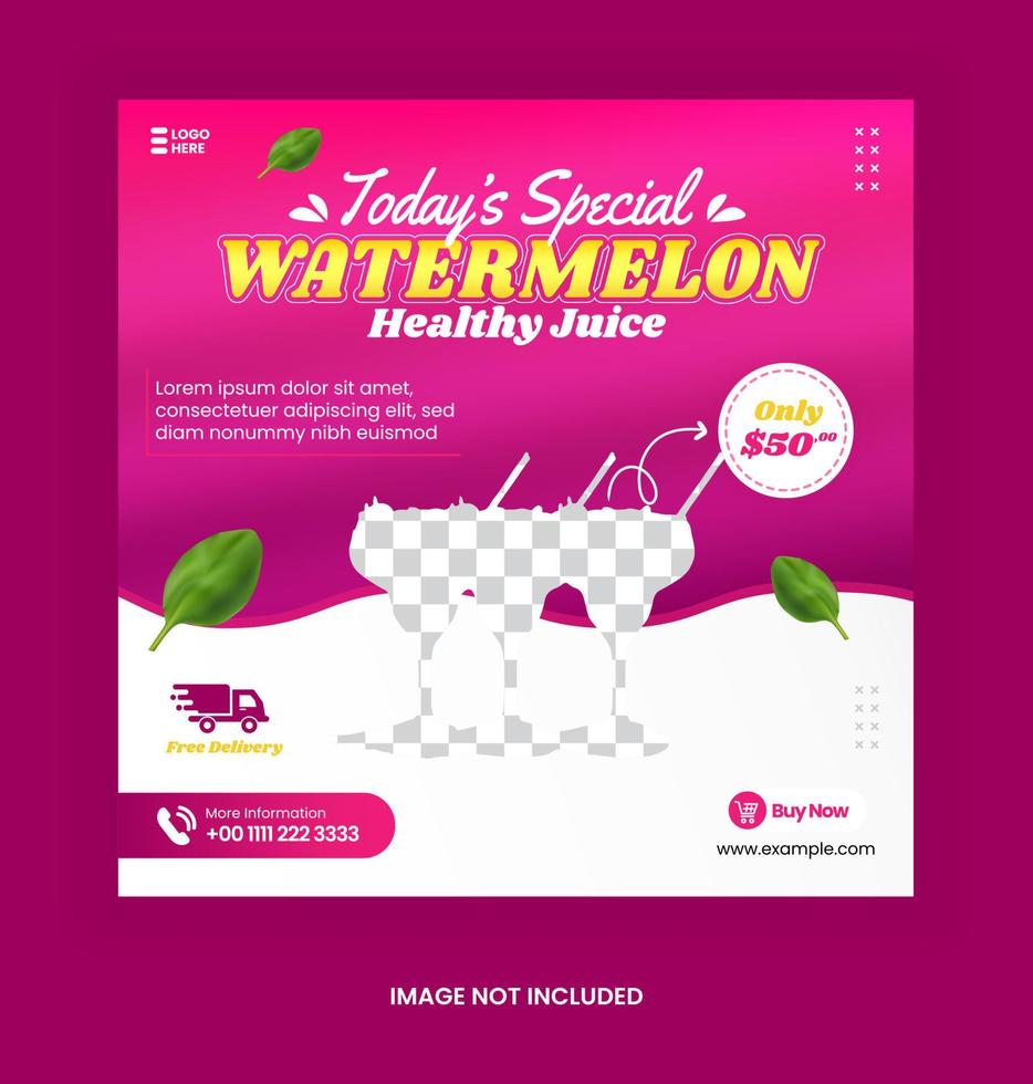 vattenmelon färsk dryck mall för sociala medier reklam banner med rosa färg och blad prydnad vektor