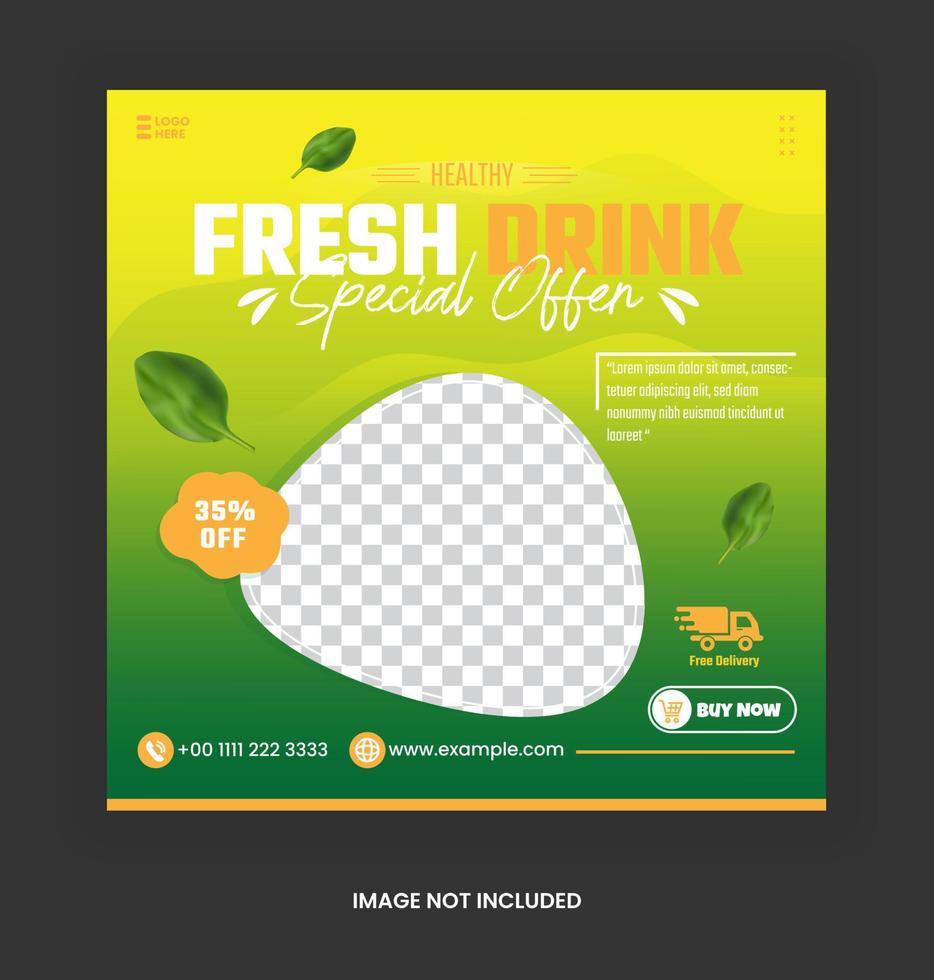 post drink mall för sociala medier post reklam banner med grön mall och blad prydnad vektor