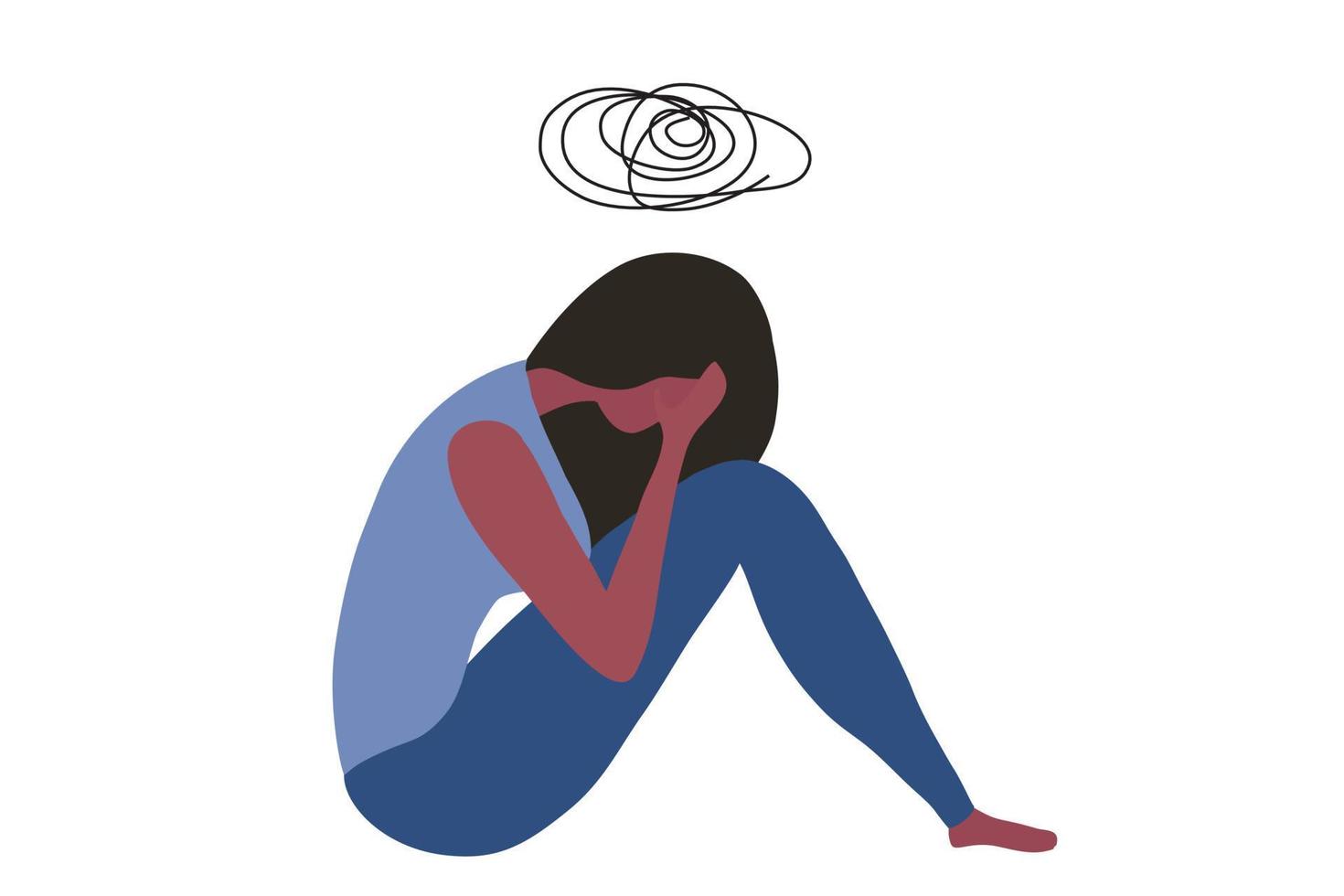 ledsen, olycklig ung kvinna som sitter under regnmoln vektorillustration. olycklig och stressad, psykologi, mental hälsa, depression koncept vektor