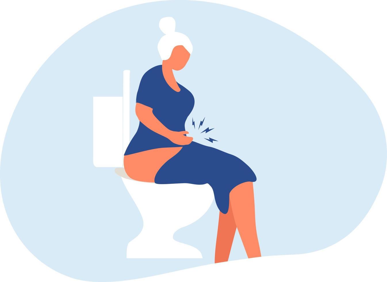 ältere Frau, die auf der Toilette sitzt und an Verstopfung, Durchfall, Bauchschmerzen und normalen Vektorgrafiken des Verdauungssystems leidet vektor