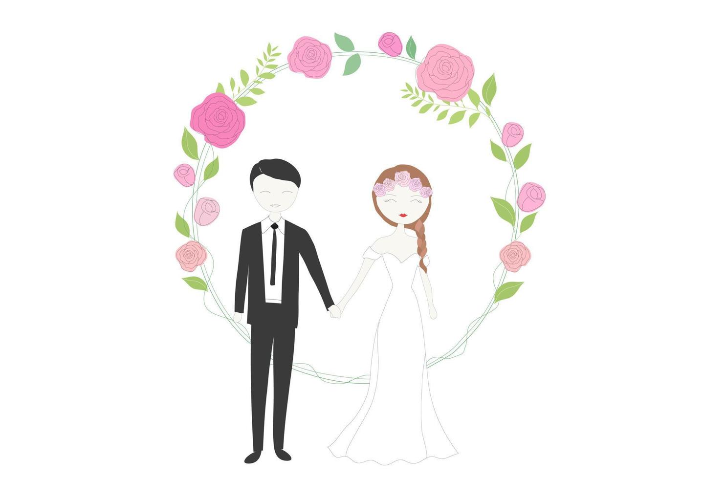 hochzeitskarte, braut und bräutigam mit blumenvektorillustration vektor