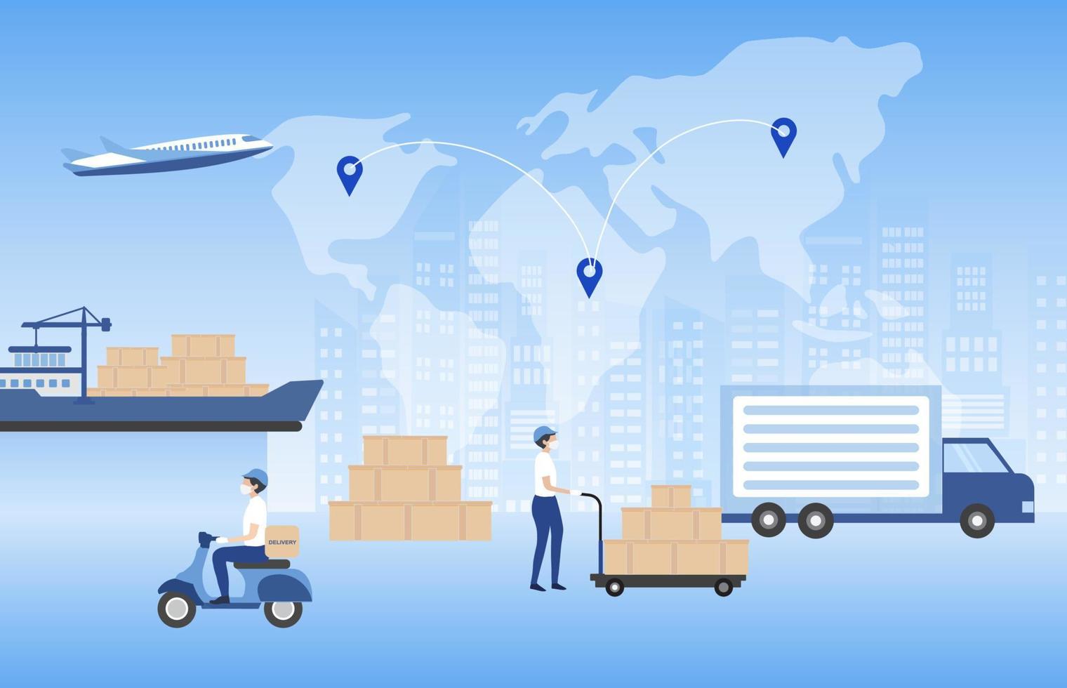 globalt distributionsnätverk för logistik. export, import, lagerverksamhet, transport. affärslogistik, frakt leverans med lastbil, flyg, motorcykel vektorillustration vektor