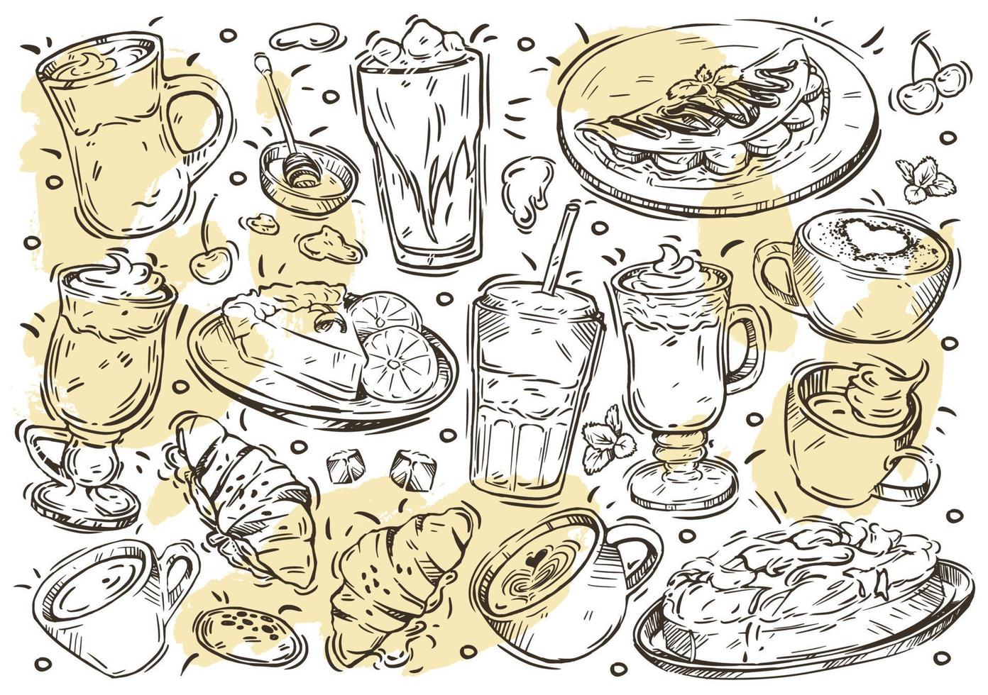 handritad linje vektor illustration mat och dryck meny på vita tavlan. doodle kaffe och dessertkort, americano, cappuccino, latte macchiato, frappe, mocaccino, cheesecake, croissant