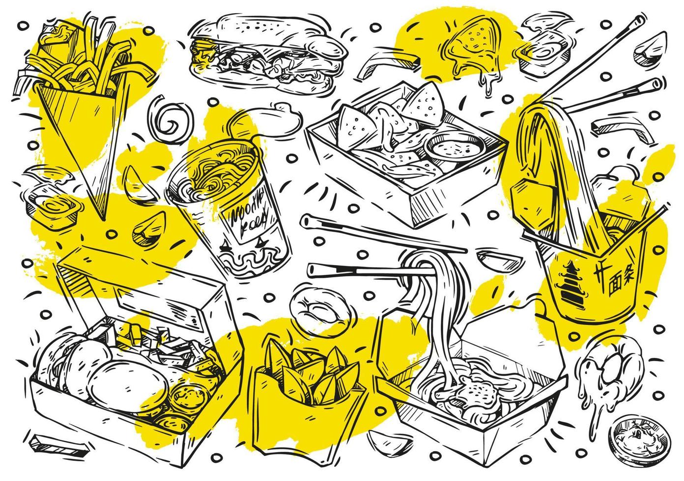 uppsättning handritad mat i lådor isolerad på vit bakgrund. doodle samling av snabbmat. vektorillustrationer, hamburgare, pommes frites, pommes frites, lökringar, nachos, nudlar, smörgås vektor
