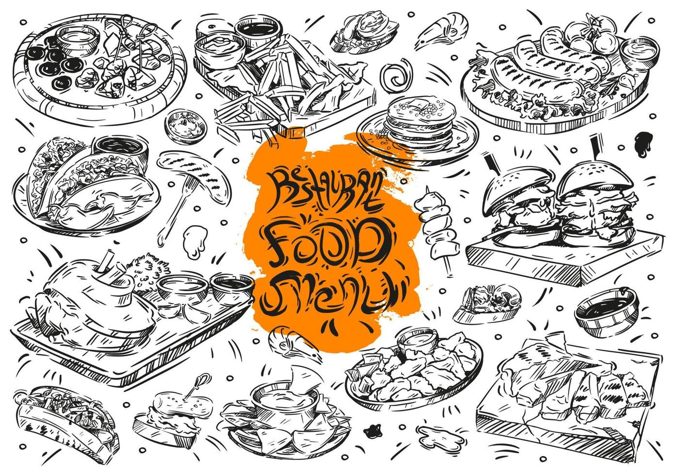 hand gezeichnete vektorillustration auf weißem hintergrund. Cartoon Doodle Restaurant Speisekarte, Burger, Nuggets, Würstchen, Nachos, Pfannkuchen, Käse, Fleisch, Bruschetta, Sandwich, Pommes Frites, Soße, Tacos vektor