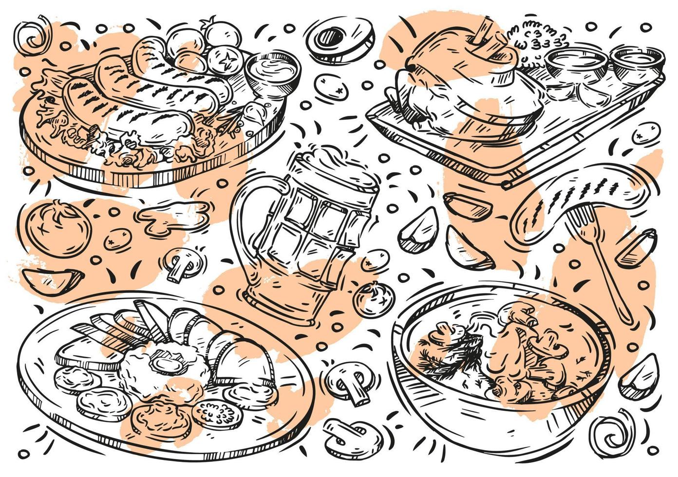 handritad linje vektorillustration på vit bakgrund. doodle tjeckiskt kök, mat, öl, kött, korv, trumpinne, tatarbiff, gräddsoppa med svamp, tomater vektor