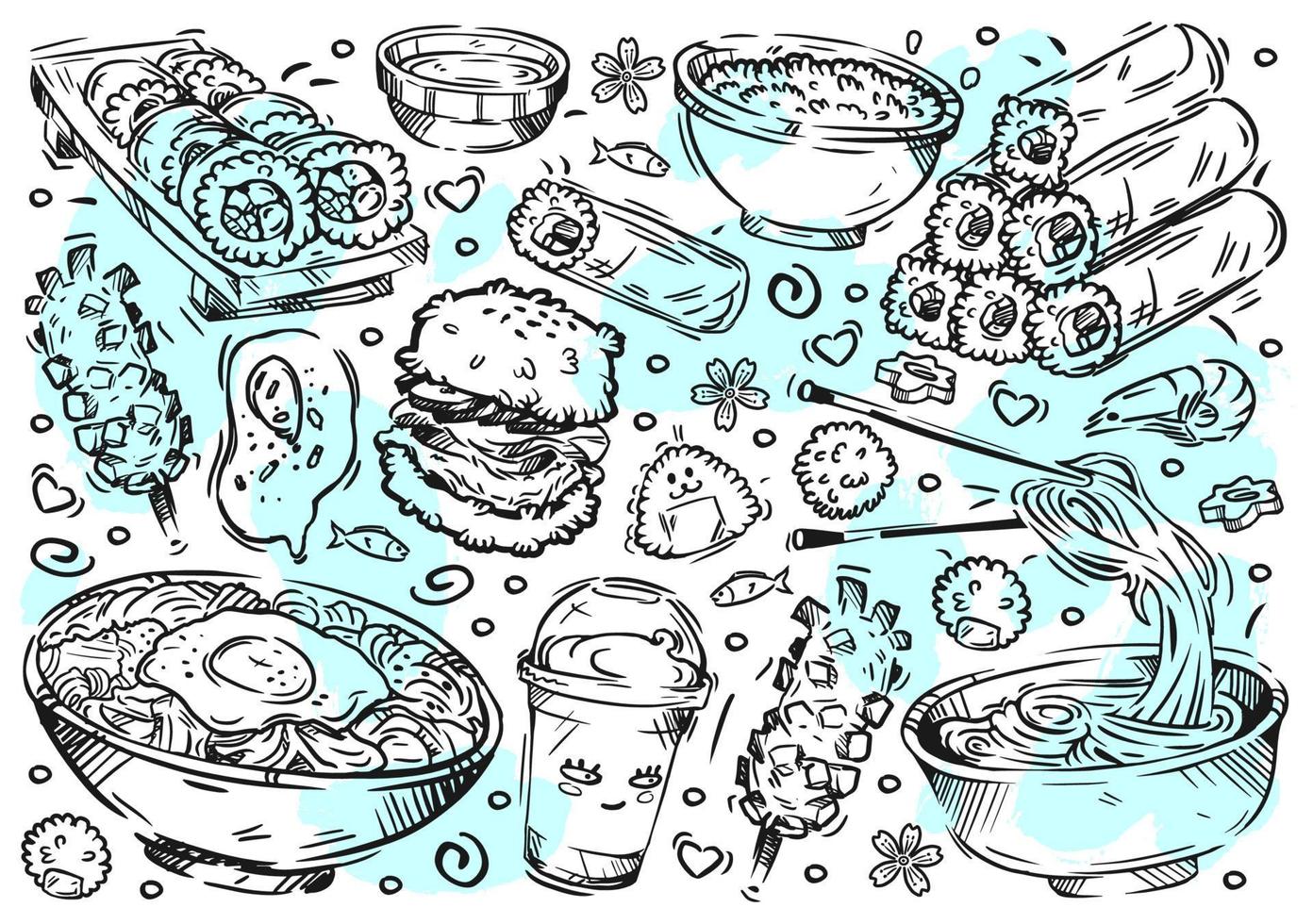 handritad vektor linje illustration mat på vita tavlan. doodle koreanskt kök, semlor, kött, risburgare, öken, gimbap, bibimbap, nudlar, jjajangmyeon, onigiri, milkshake