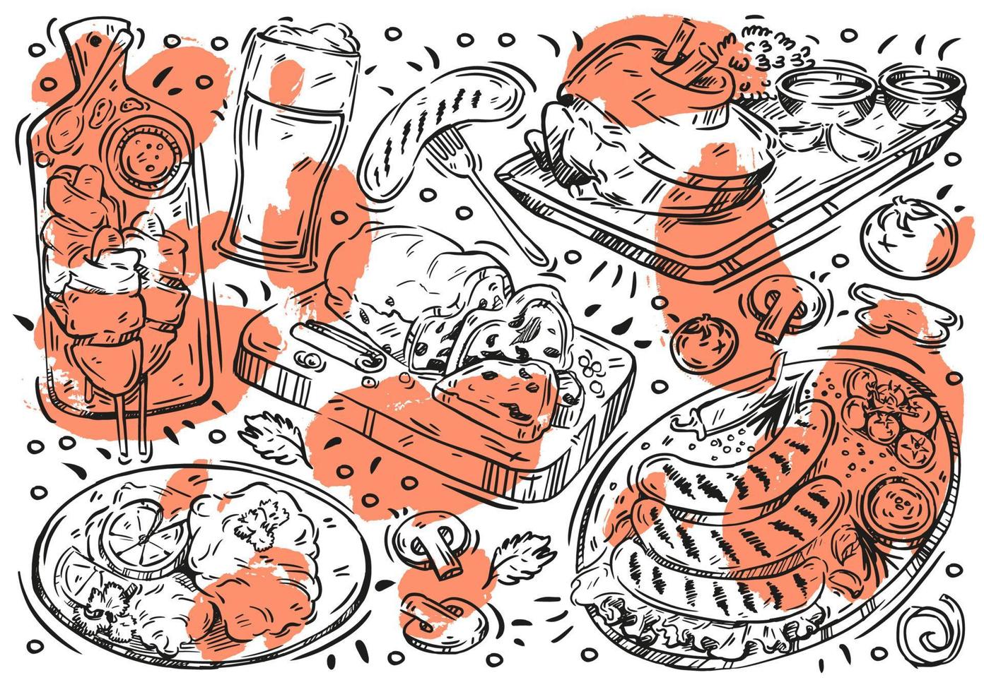 handritad linje vektor illustration mat på vita tavlan. doodle tyskt kök, wurst, kartoffelpuffer, brezel, schnitzel, strudel, öl, ägg, stollen