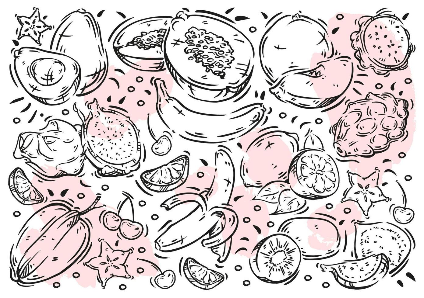 hand gezeichnetes vektorillustrationslebensmittel auf weißer tafel. doodle line exotische früchte und beeren, avocado, kiwi, banane, erdbeere, papaya, pitaya, karambole, zitrone, kirsche, feige vektor