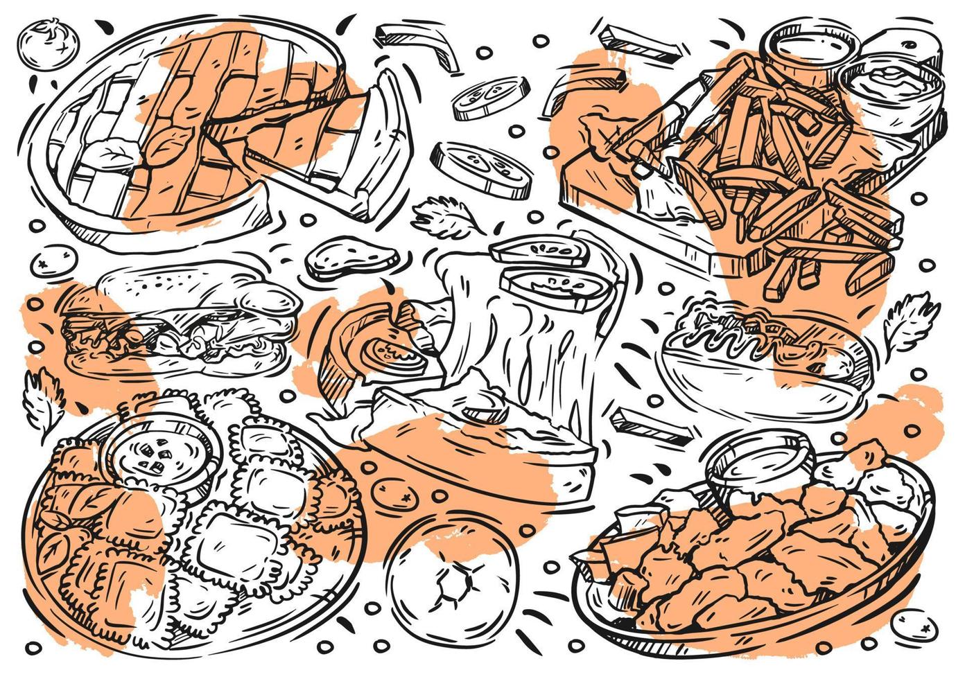 hand gezeichnete linie vektorillustration essen. doodle amerikanische küche, hotdog, pommes frites, sandwich, tomate, knödel, donuts, kuchen, hühnchensnack vektor