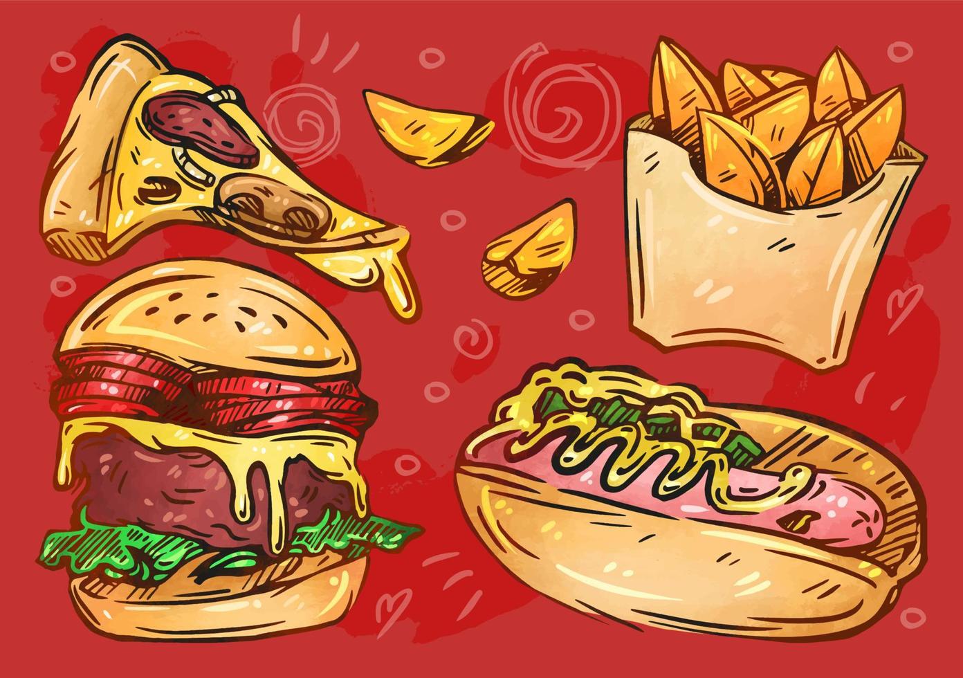 Fast-Food-Illustration. hand gezeichnete sketch.pizza, burger, rustikale kartoffeln, hot dog. Streetfood-Sammlung, Menüdesign zum Mitnehmen. Vektorfarbsatz vektor