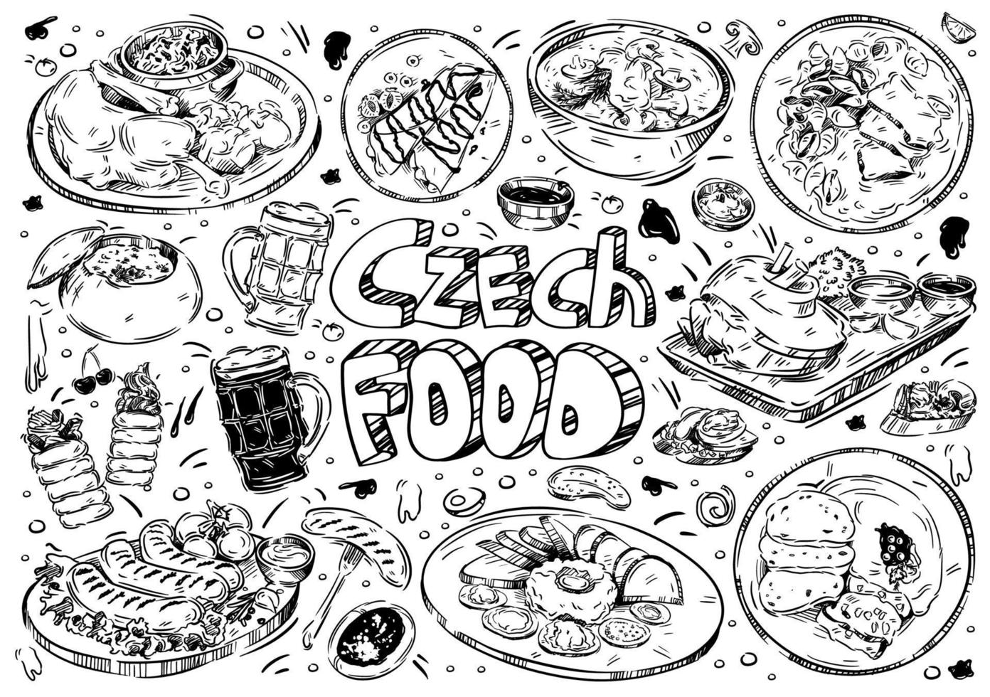 hand gezeichnete vektorillustration. Doodle tschechisches Essen, Entenbraten, Bier, Trdelnik, Lendenstück in Sahne, Gulasch, Kulajda, Cremesuppe, Tartar, Tomatensauce, Kuchen, Desserts vektor