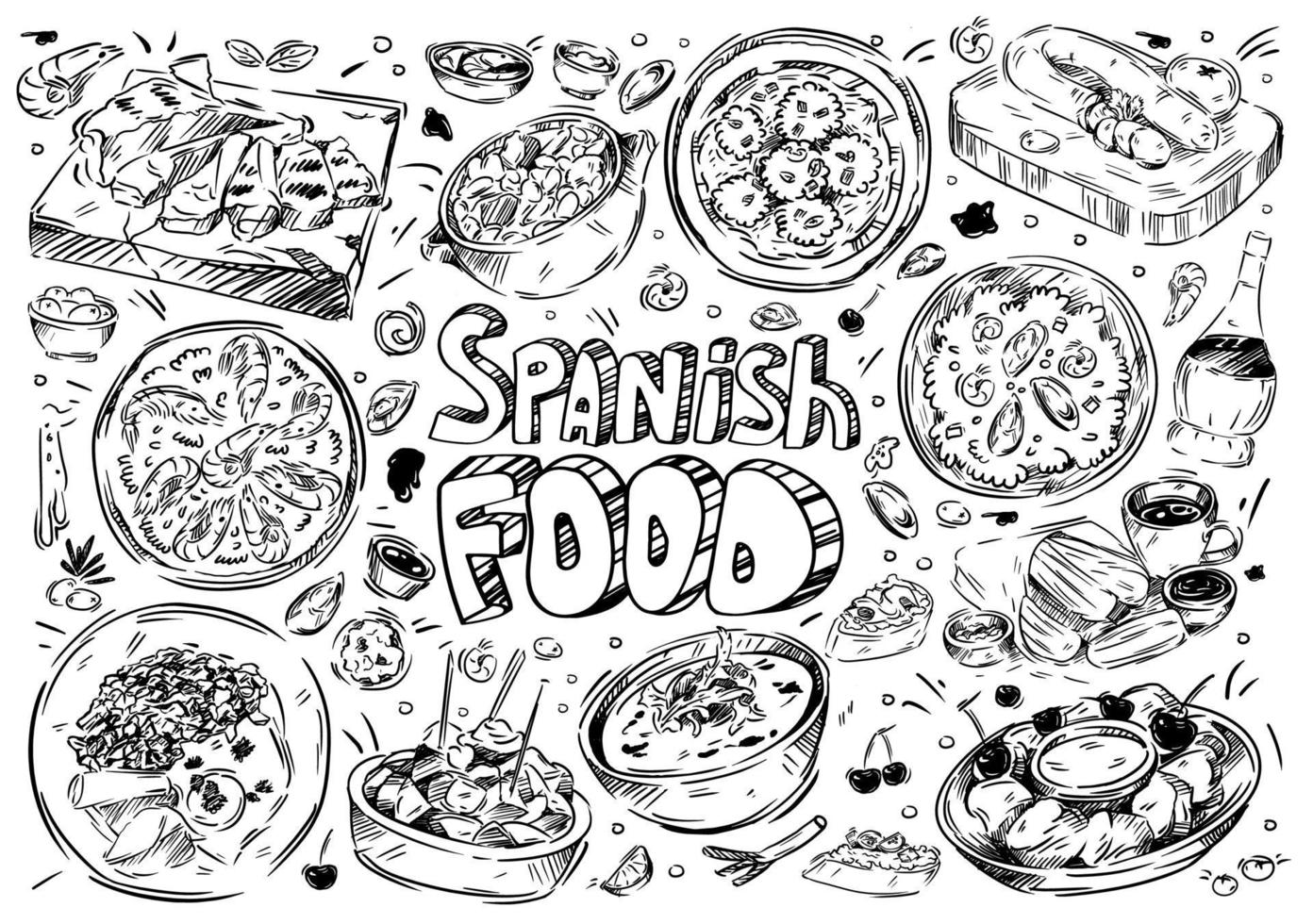 handritad vektorillustration. doodle spansk mat, gazpacho, fabada, paella, patatas bravas, chorizo, leche frita, churros, vin, tapas, vitlöksräkor, allioli, albondigas vektor