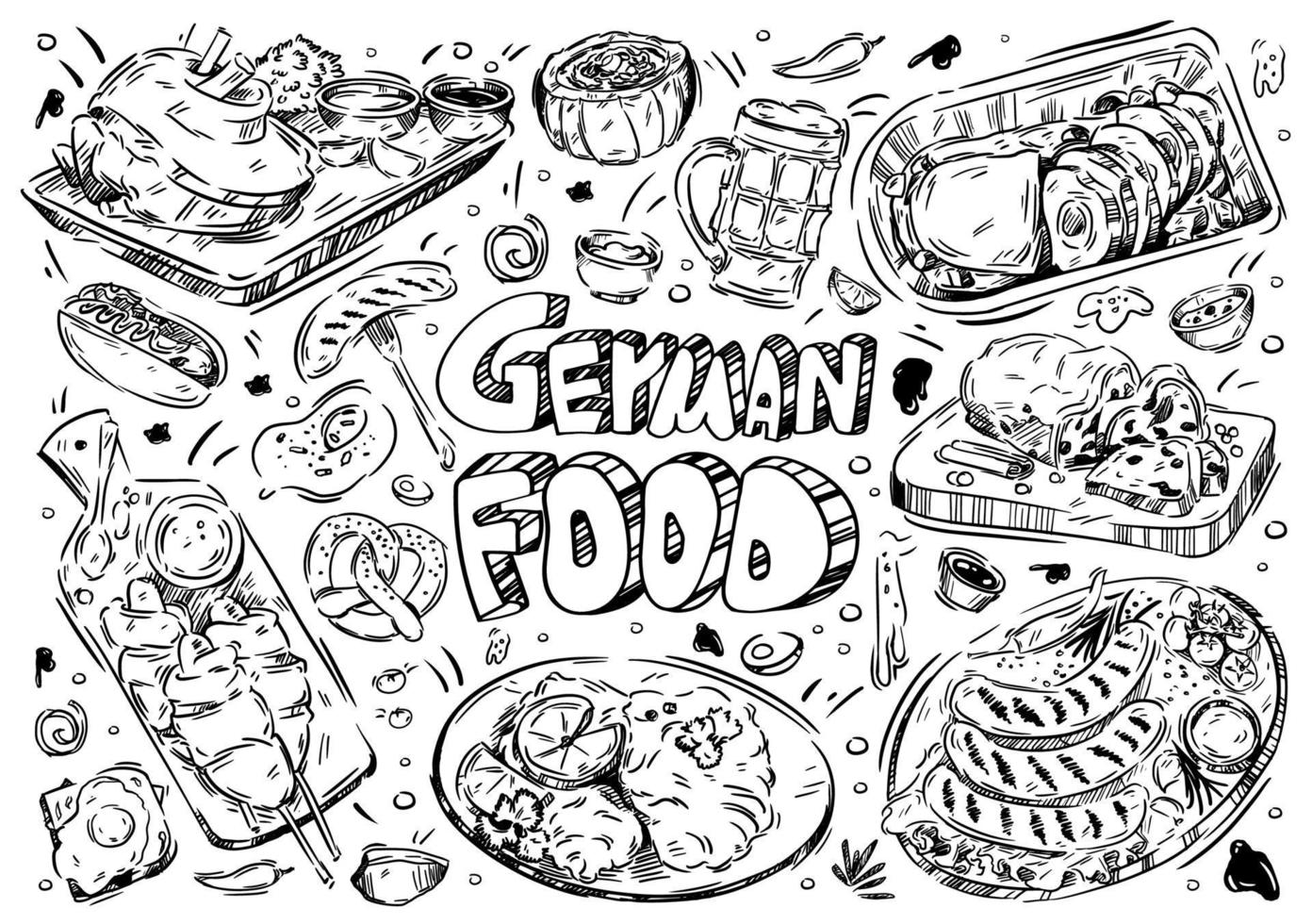 hand gezeichnete vektorillustration. doodle deutsches essen, wurst, kartoffelpuffer, brezel, schnitzel, strudel, bier, hot dog, haxe, eintopfsuppe, ei, falscher hase, stollen vektor