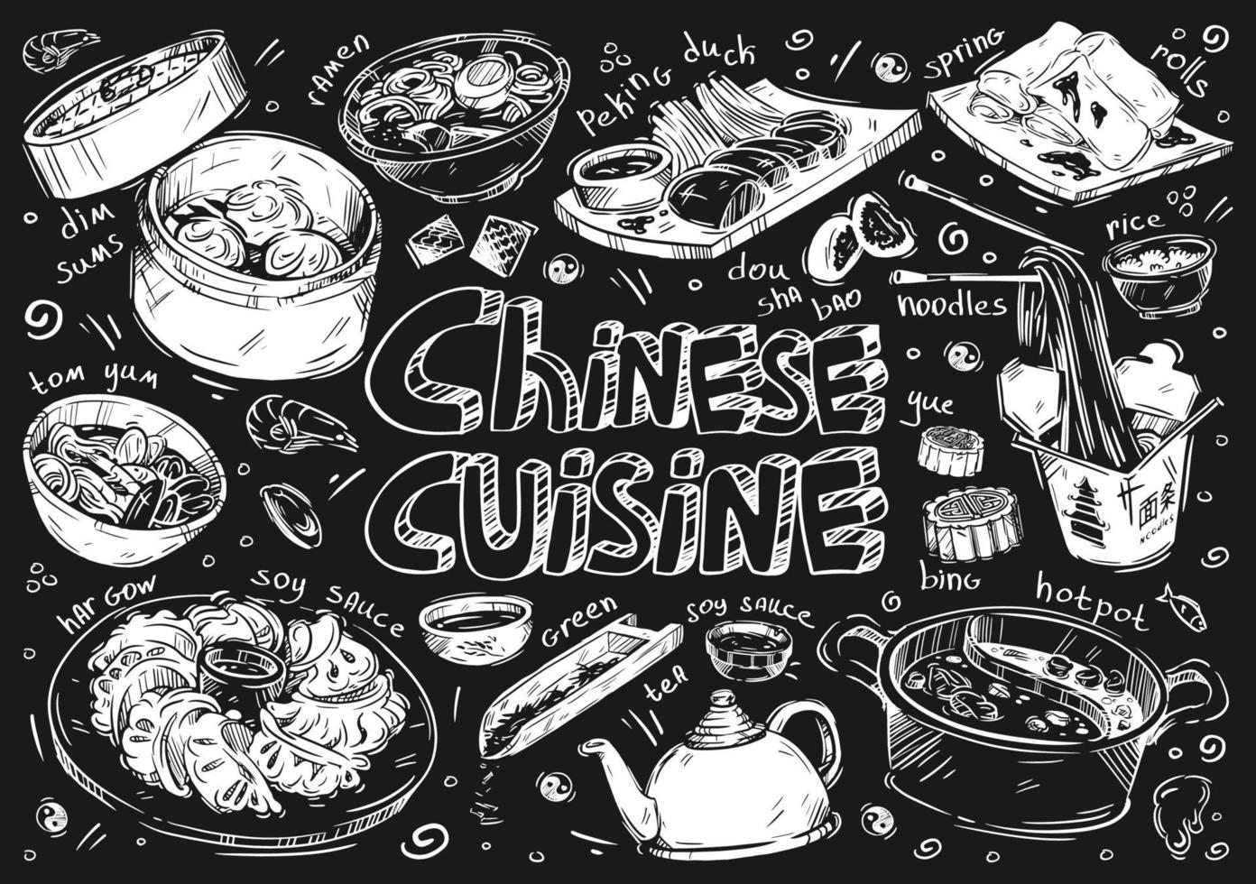 hand gezeichnete vektorillustrationsnahrung. doodle chinesische küche, frühlingsrollen, tom yum suppe, ramen, har gow knödel, sojasoße, grüner tee, yue bing, eintopf, nudeln, dou sha bao, reis, pekingentenfleisch vektor