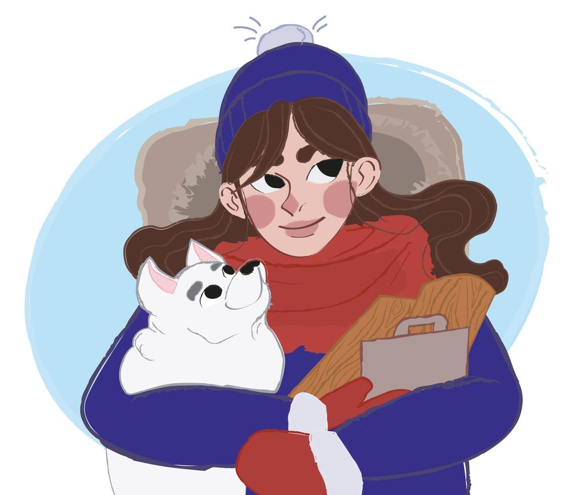junges Mädchen mit einem Hund auf einer Winterwanderung vektor