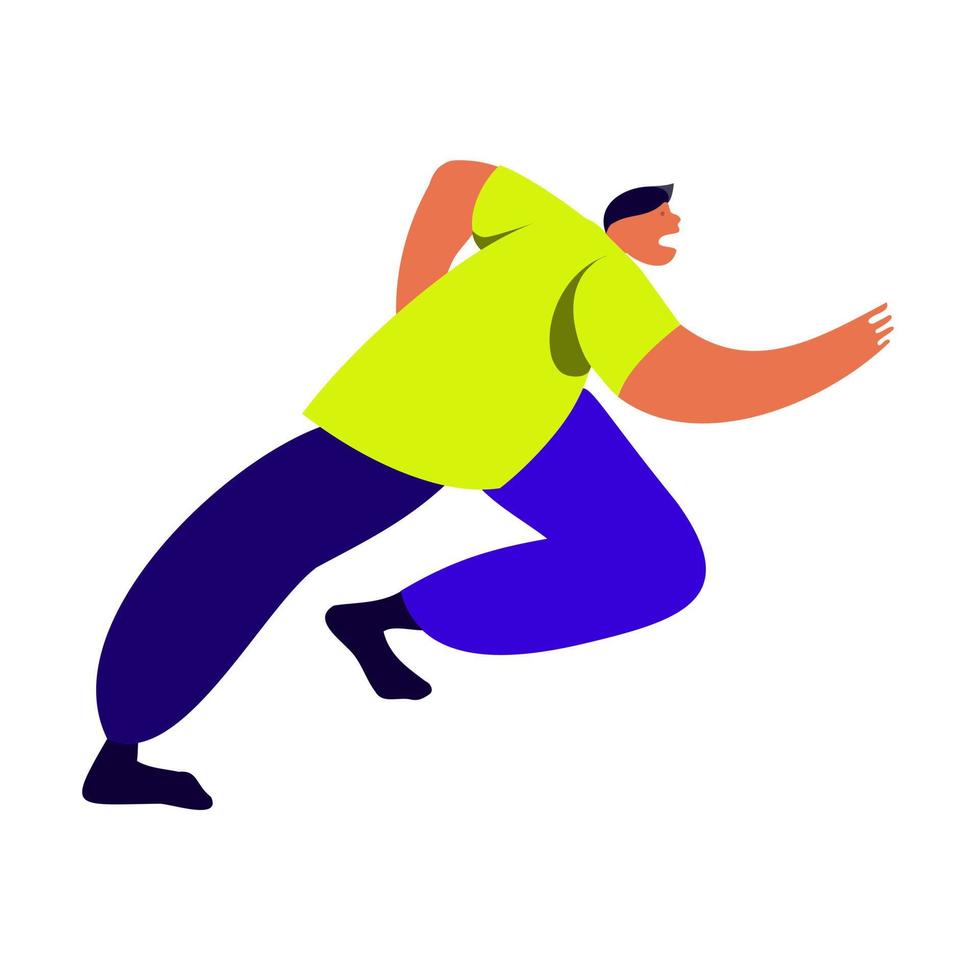 Ein junger Mann läuft. Sport. Lauf. aktive Fitness. Übungen und ein Athlet. flacher Cartoon-Stil. Seitenansicht. einfaches Design. Vektor
