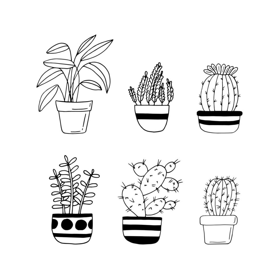 krukväxter i krukor set ikonen handritad. , minimalism, skandinavisk, monokrom, nordisk klistermärke växtblommor vektor
