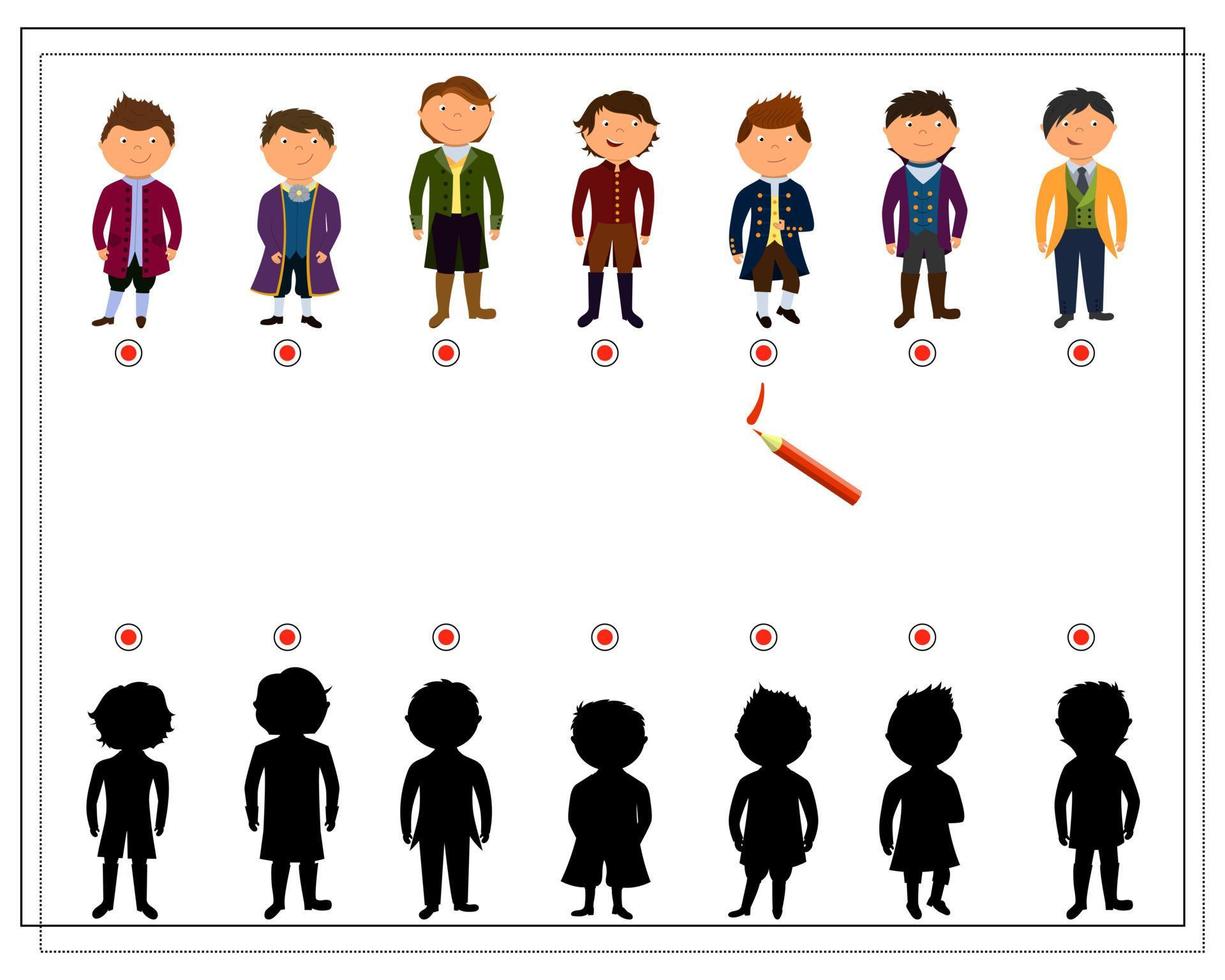 Logikspiel für Kinder Finde den richtigen Schatten. süße karikaturprinzessinnen in ausgefallenen kleidern. vektor
