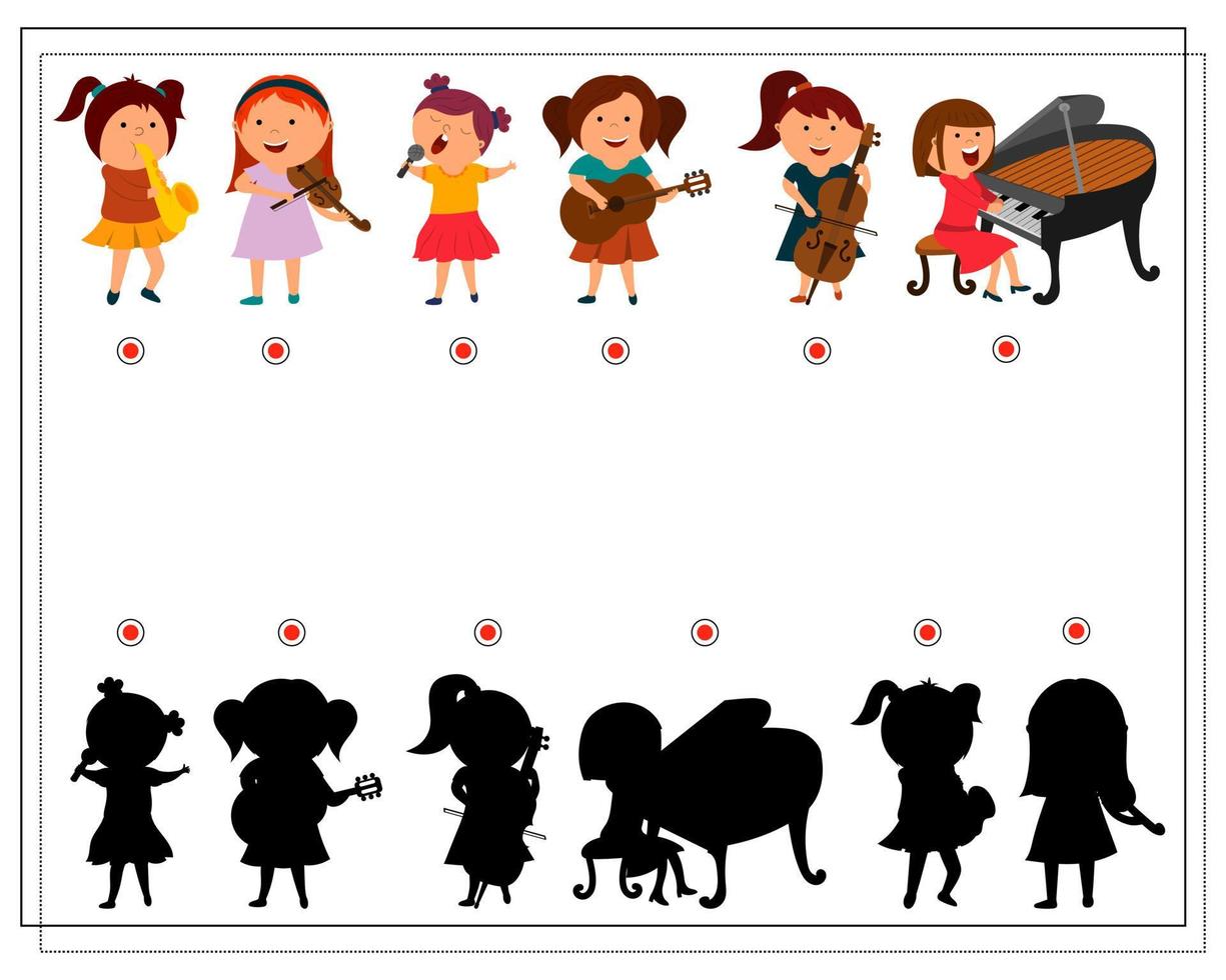 ein logisches Spiel für Kinder, um den richtigen Schatten zu finden. Kinder sind Musiker. vektor