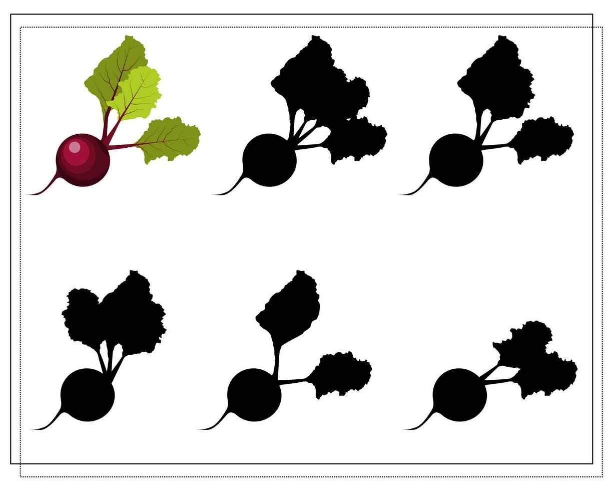 Puzzlespiel für Kinder Finde den richtigen Schatten, Rote Bete vektor