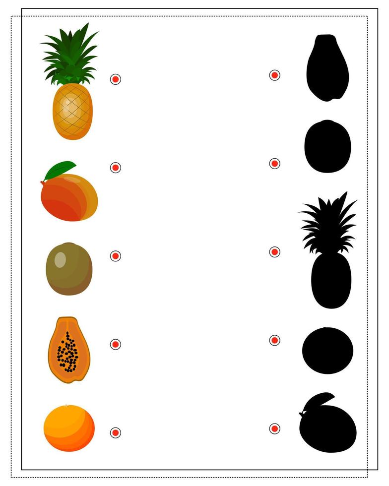 Puzzlespiel für Kinder finden Sie den richtigen Schatten, Obst. vektor