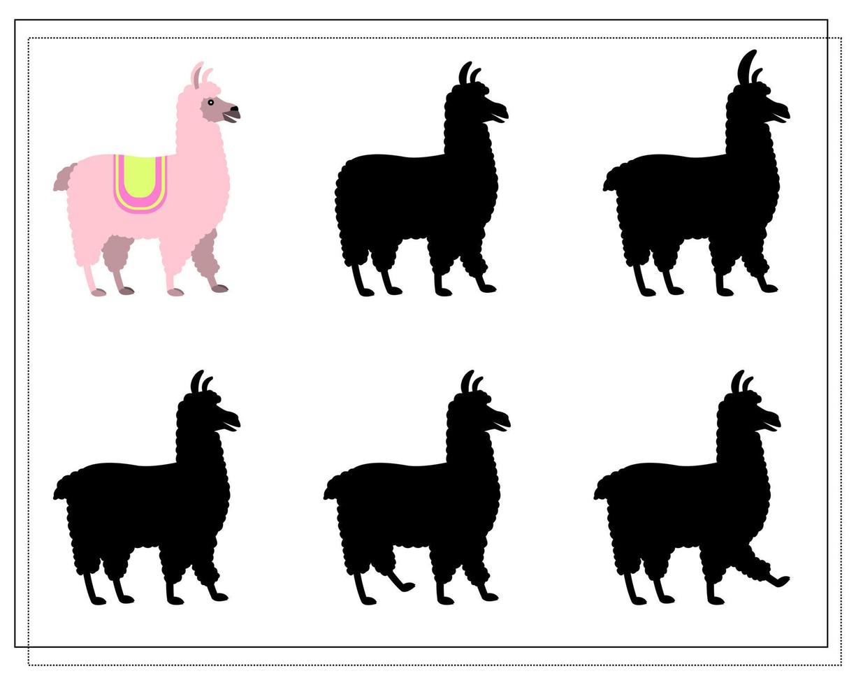 ein Puzzlespiel für Kinder im Vorschulalter. Finde den richtigen Schatten. das lama ist karikatur. vektor