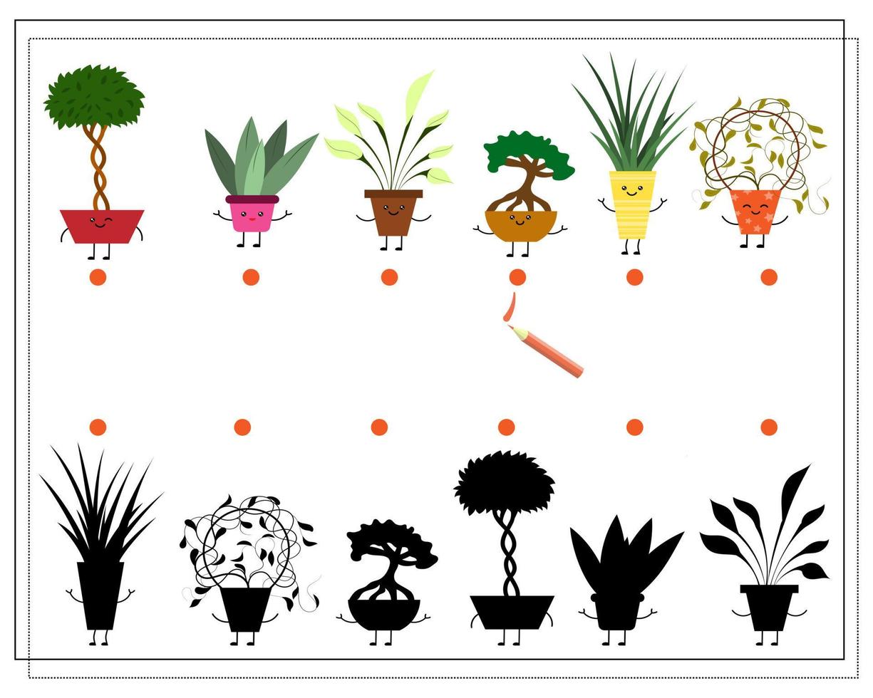 barns logikspel hitta rätt skugga, söt tecknad blomma i en kawaii-kruka. vektor