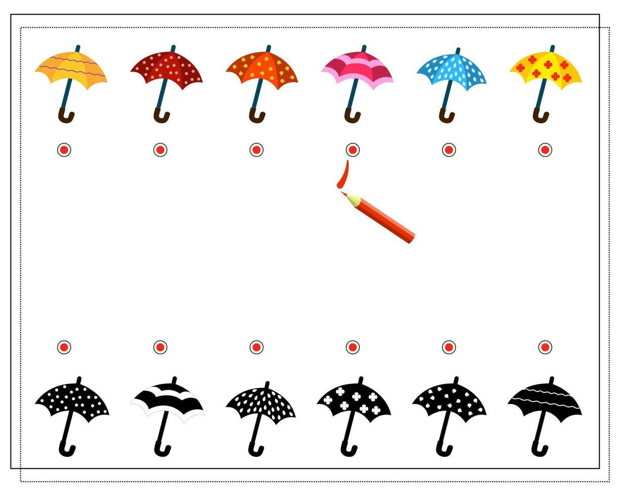 ett logiskt spel för barn, hitta rätt nyans för paraplyer med olika mönster vektor