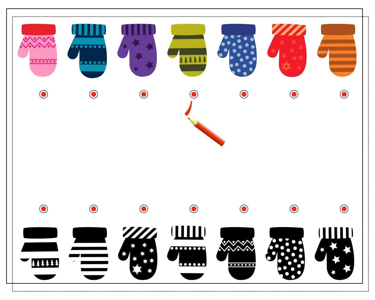 ein logisches Spiel für Kinder. Finden Sie den richtigen Farbton, Fäustlinge mit Ornamenten vektor